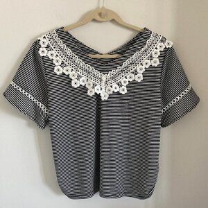 MILAN MODE Short Sleeve  Shirt Women's Striped Black White with Lace Accents